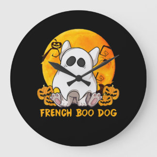 Grande Horloge Ronde Boo Bulldog avec araignée Citrouille et lune