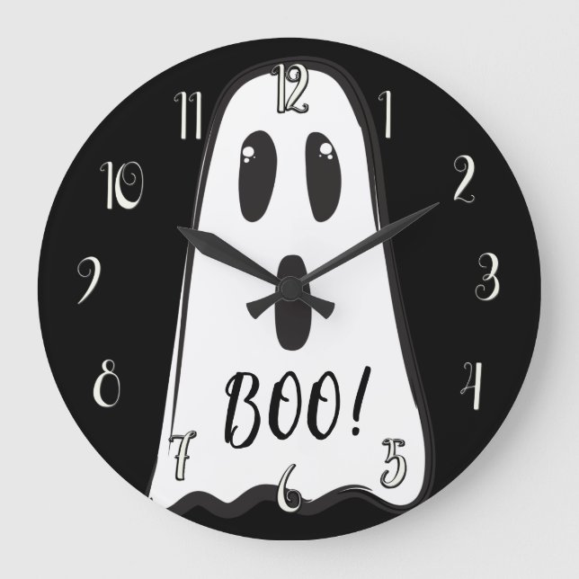 Grande Horloge Ronde BOO ! Fantôme mignon Halloween noir et blanc (Recto)