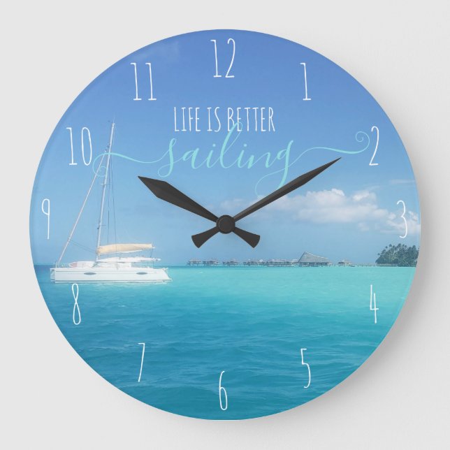 Grande Horloge Ronde Bora Bora Tropical Ocean Catamaran et Huts (Recto)
