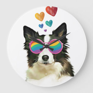 Grande Horloge Ronde Border Collie Chien avec coeurs Saint-Valentin