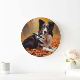 Grande Horloge Ronde Border Collie dans les feuilles d'automne qui tomb