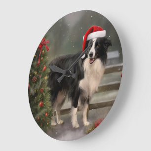Grande Horloge Ronde Bordure Collie Chien dans neige Noël