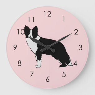 Grande Horloge Ronde Bordure Collie Chien Illustration Abstraite rose