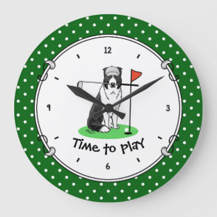 Grande Horloge Ronde Bordure Collie Chien Jouer Golf (noir & blanc) Amu