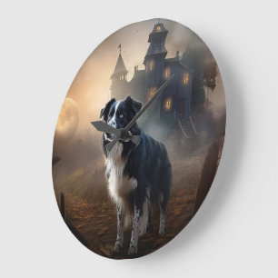 Grande Horloge Ronde Bordure Collie Halloween effroi
