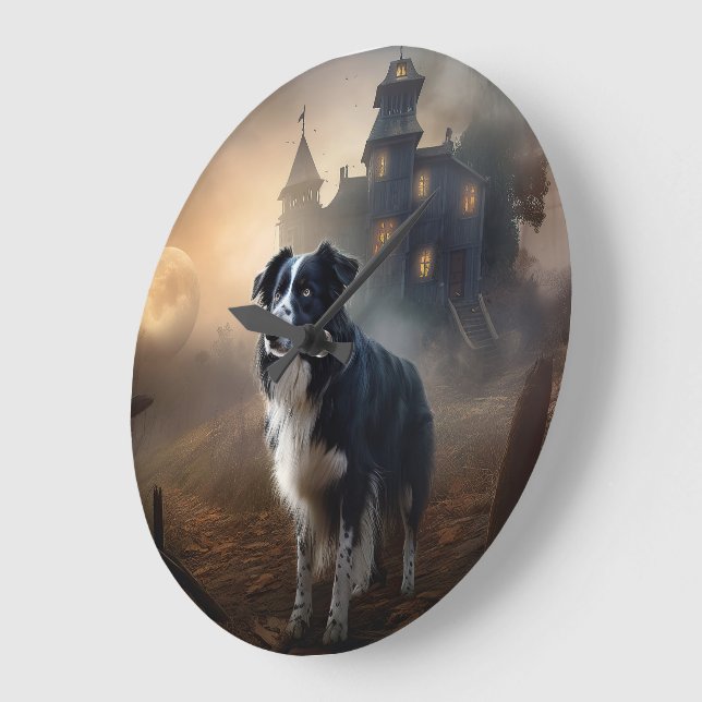 Grande Horloge Ronde Bordure Collie Halloween effroi (Angle)