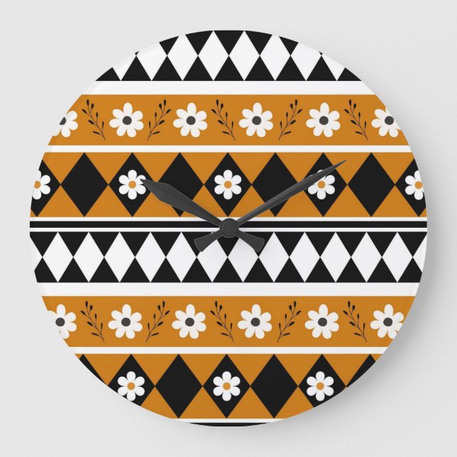 Grande Horloge Ronde Bordure Fleur Diamant Boho Motif Floral (Recto)