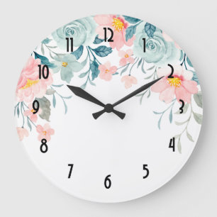 Grande Horloge Ronde Bordure florale rose et verte