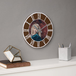 Grande Horloge Ronde Bordure numérique romaine blanche Brown Ajouter la