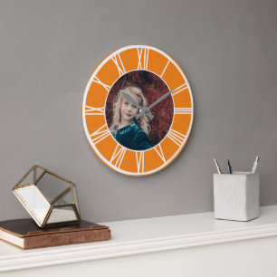Grande Horloge Ronde Bordure numérique romaine blanche Orange Ajouter l