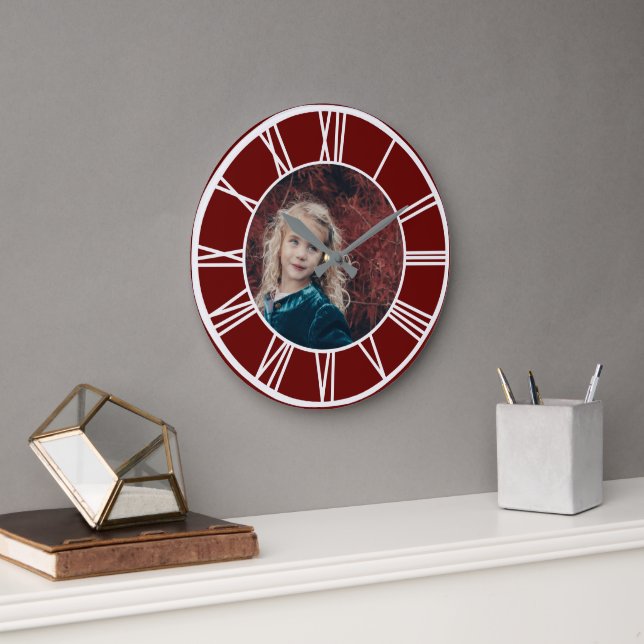 Grande Horloge Ronde Bordure numérique romaine blanche Tard rouge foncé (Bureau)