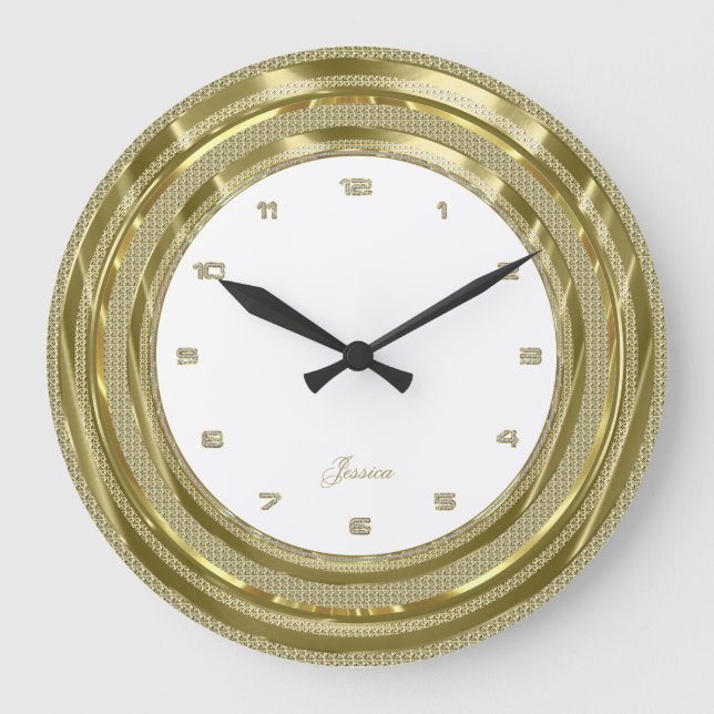 Grande Horloge Ronde Bordure Or Faux Avec Arrière - plan Blanc Personna (Recto)