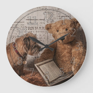 Grande Horloge Ronde Bordure Terrier Et Teddy Lecture De L'Ours, Horlog