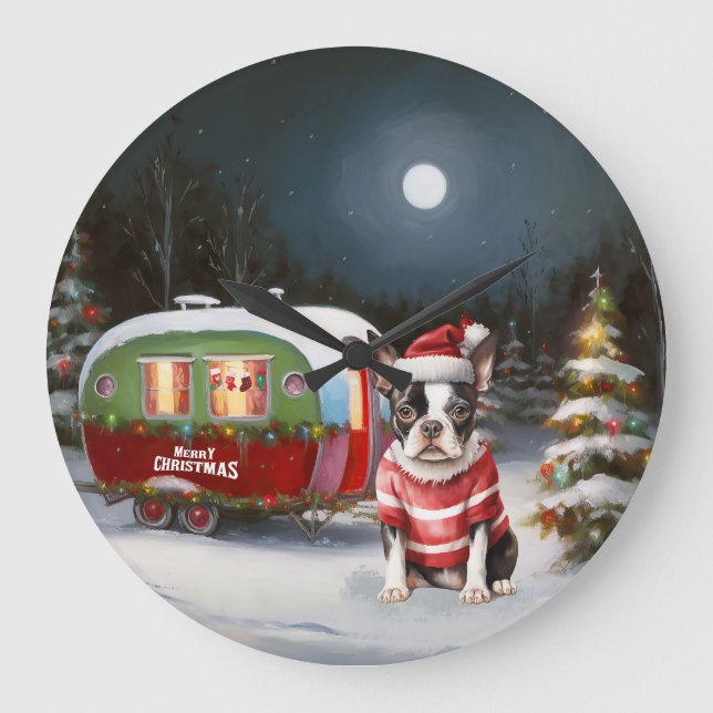 Grande Horloge Ronde Boston Terrier Caravan Christmas Adventure (Recto)