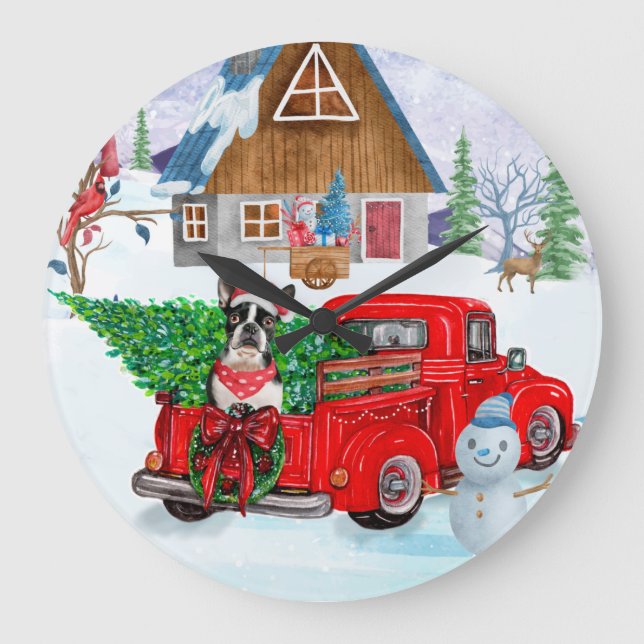 Grande Horloge Ronde Boston Terrier chien en livraison de Noël Camion (Recto)