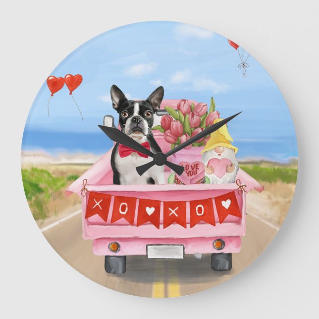 Grande Horloge Ronde Boston Terrier Chien Valentine's Day Truck Hearts (Recto)
