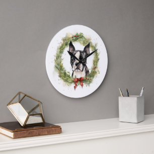 Grande Horloge Ronde Boston Terrier Noël Wreath Festive Pup
