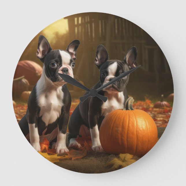 Grande Horloge Ronde Boston Terrier Puppy Automne Citrouille de plaisir (Recto)
