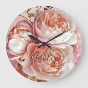 Grande Horloge Ronde BOTANICAL FLORAL PEONY nom monogram
