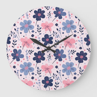 Grande Horloge Ronde Botanical Pink And Blue Flowers Nature Print