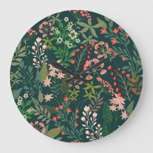 Grande Horloge Ronde Botanique florale foncée sans Motif