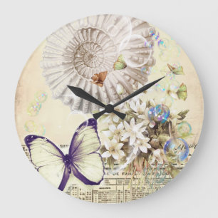 Grande Horloge Ronde botanique français de coquillage vintage beige de