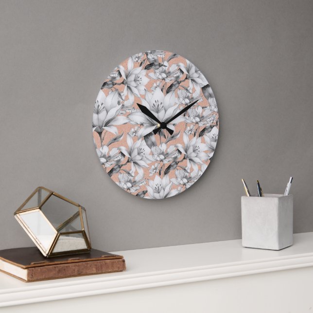 Grande Horloge Ronde Botanique noir blanc rose or parties scintillant f (Bureau)