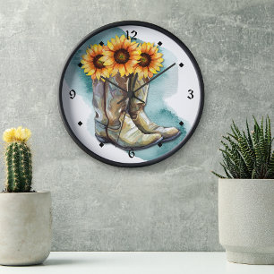 Grande Horloge Ronde Botte de chaudière de tournesol d'aquarelle