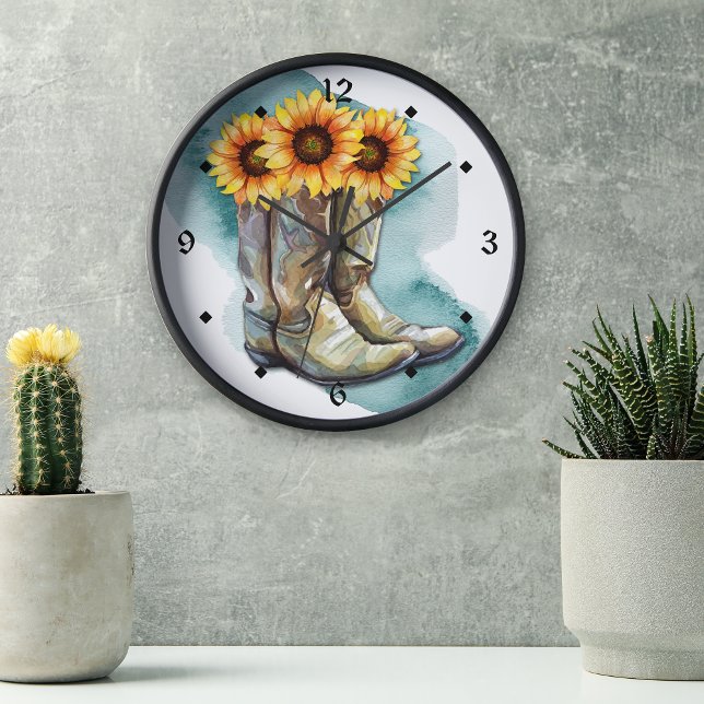 Grande Horloge Ronde Botte de chaudière de tournesol d'aquarelle (Créateur téléchargé)