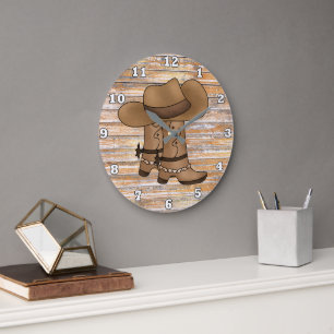 Grande Horloge Ronde Botte de cowboy rustique et décoration murale casq