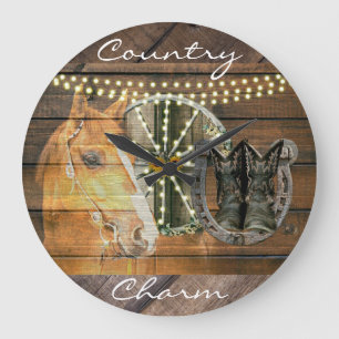 Grande Horloge Ronde Bottes de cow-boy de la roue du cheval occidental