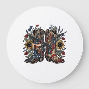 Grande Horloge Ronde Bottes de cowboy patriotiques Chemise florale de t