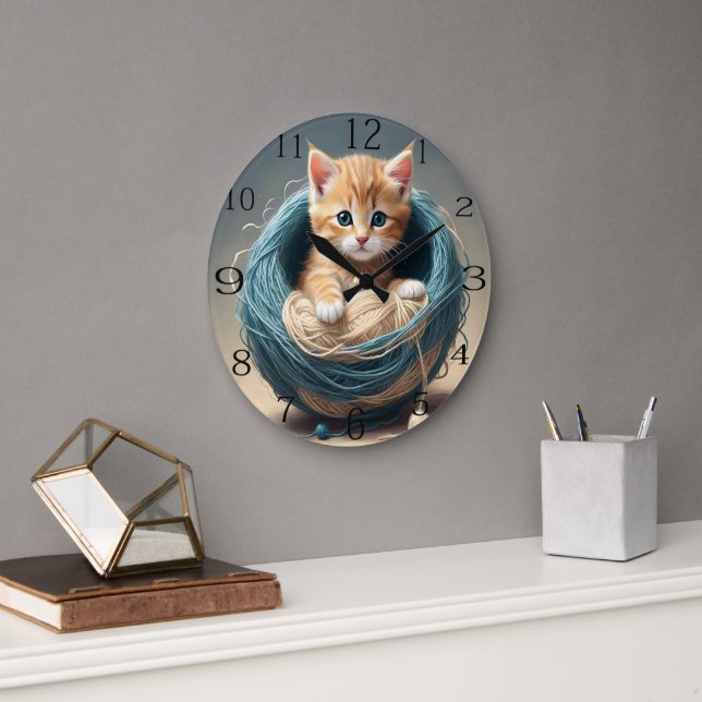 Grande Horloge Ronde "Bouddles douillets : La retraite laineuse du chat (Bureau)