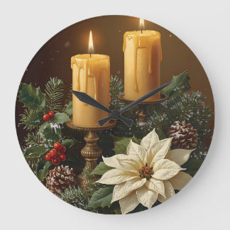 Grande Horloge Ronde Bougie élégante Noël houx pin chaud festif