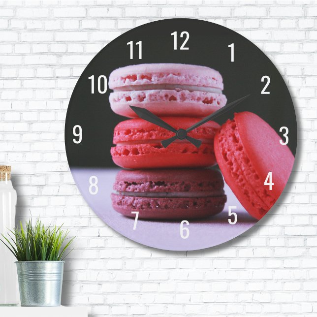 Grande Horloge Ronde Boulangerie moderne Macaron français rose (Modern Bakery Magenta Pink French Macaron Cookies Large Clock)
