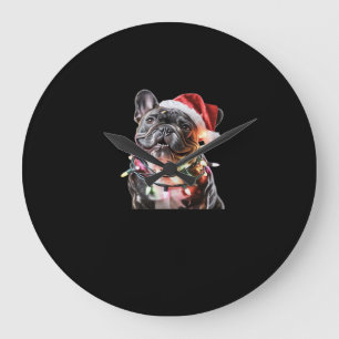 Grande Horloge Ronde Bouledogue français avec chapeau de Père Noël enve