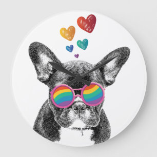 Grande Horloge Ronde Bouledogue français avec cœurs Saint-Valentin