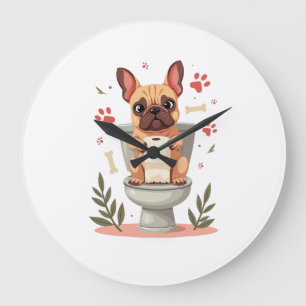 Grande Horloge Ronde Bouledogue français en colère vintage tenant du pa