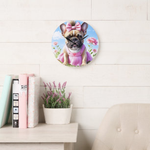 Grande Horloge Ronde Bouledogue français Fleurs Bouledogue Français