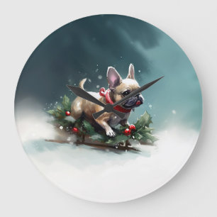 Grande Horloge Ronde Bouledogue français Noël neige hiver