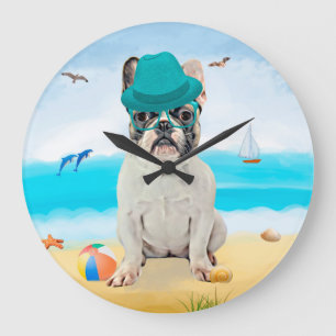Grande Horloge Ronde Bouledogue français sur la plage