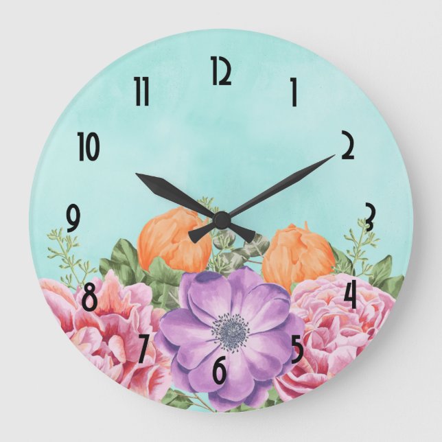 Grande Horloge Ronde Bouquet de fleurs aquarelles rose violet orange (Recto)