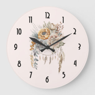 Grande Horloge Ronde Bouquet de fleurs Boho et Dreamcatcher