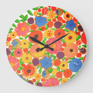 Grande Horloge Ronde Bouquet de fleurs colorées dans un vase de Boho no