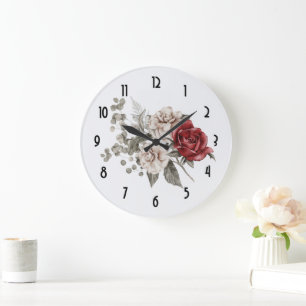 Grande Horloge Ronde Bouquet de fleurs de crème et de rose rouge