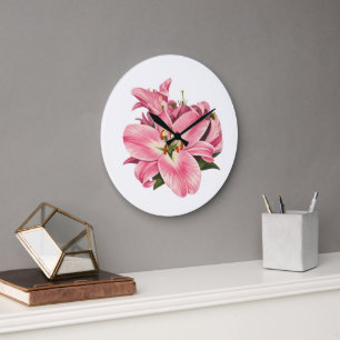 Grande Horloge Ronde Bouquet de fleurs de lys rose