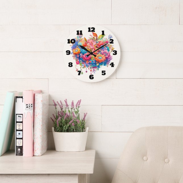 Grande Horloge Ronde Bouquet de fleurs d'été Whimsical Boho (Salle de lecture)