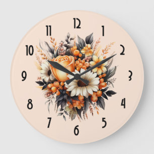 Grande Horloge Ronde Bouquet de fleurs gris-jaune orange
