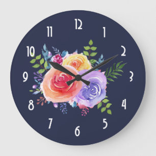 Grande Horloge Ronde Bouquet de fleurs Rose aquarelle