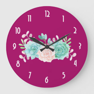 Grande Horloge Ronde Bouquet de fleurs rose et vert Pastel sur Magenta
